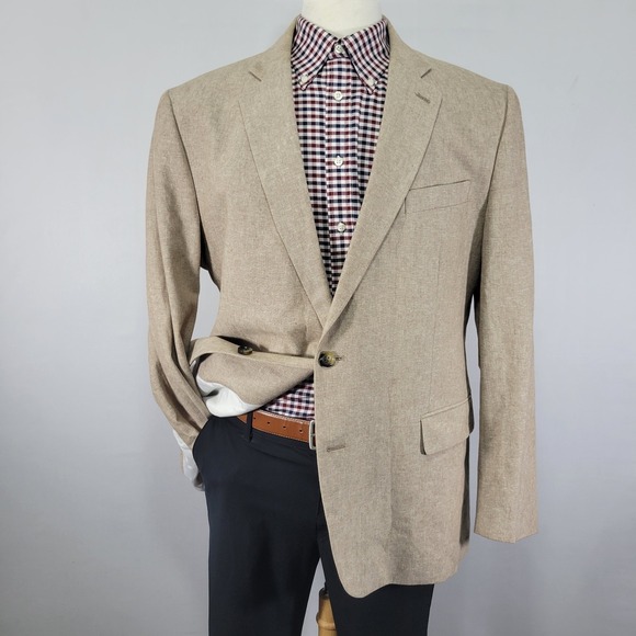 Stafford Men's Sport Coat Blazer Two Button Beige Linen Cotton Blend 46R Classic